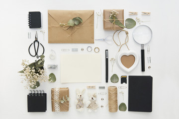 Mock up with wedding decorations. Workspace with copy space 