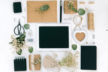 Mock up with wedding decorations. Workspace with copy space 