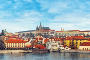 panorama of Prague with red roofs