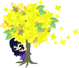 A cute girl and a tree of yellow flowers