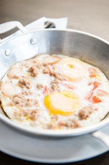 Closeup shot of Indochina Omelette with ground pork.