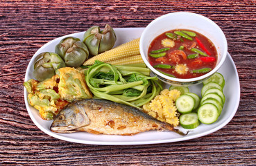 Spicy shrimp paste dip ,Nam Prik Kapi with side dish.