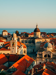 Dubrovnik Old Town, Croatia. Tiled roofs of houses. Church in the city. City View from the wall.