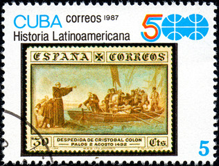 UKRAINE - CIRCA 2017: A stamp printed in CUBA shows group of Spanish conquistadores, series History of Latin America, circa 1987