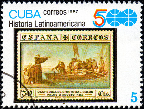 UKRAINE - CIRCA 2017: A stamp printed in CUBA shows group of Spanish conquistadores, series History of Latin America, circa 1987