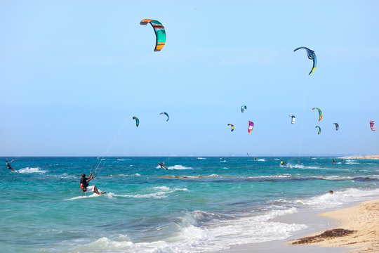 Kitesurfers on the Lefkada island, Greece.