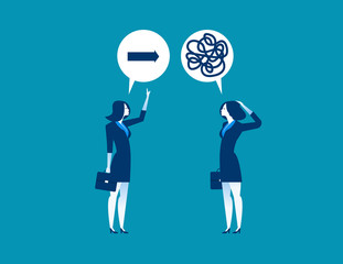 Businesswoman offering guidance to colleague confused about direction. Concept business success illustration. Vector cartoon character flat