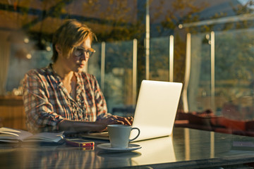 Lady working on Freelance Project in Cafe throw Window View