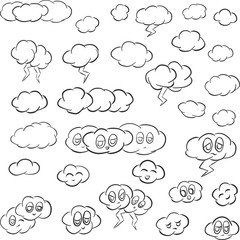 Obraz premium Cartoon Illustration of Clouds with Faces Vector Line Art