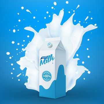 Big milk splash behind of full packaging carton box with lot of droplets, vector realistic illustration