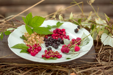 Ripe berries with green leaves on plate