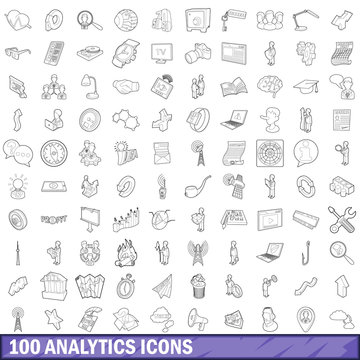 100 analytics icons set, outline style