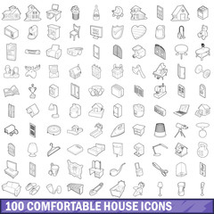 100 comfortable house icons set, outline style