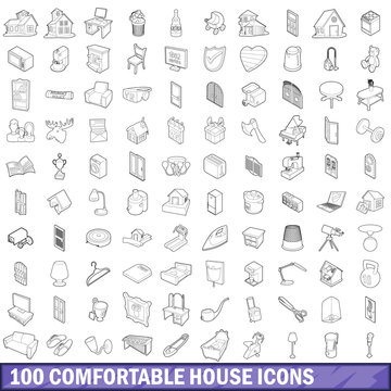 100 comfortable house icons set, outline style