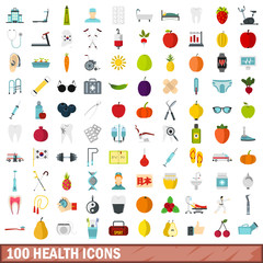 100 health icons set, flat style