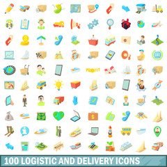 100 logistic and delivery icons set, cartoon style