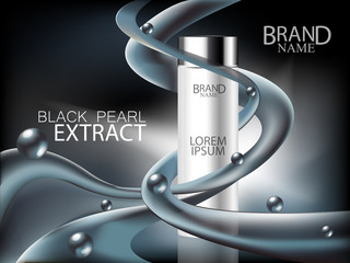 Naklejka premium Cosmetic ads gold, black and silver concealers with cream waves on pastel color background. Face care, body care and skin cosmetic. Vector illustration.