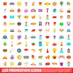 100 promotion icons set, cartoon style