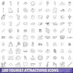 100 tourist attractions icons set, outline style