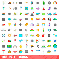 100 traffic icons set, cartoon style