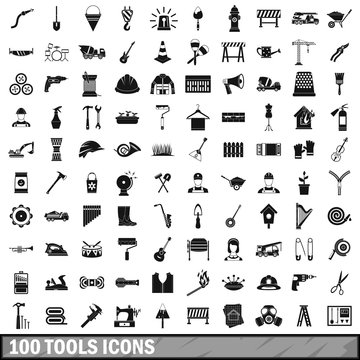 100 tools icons set, simple style 