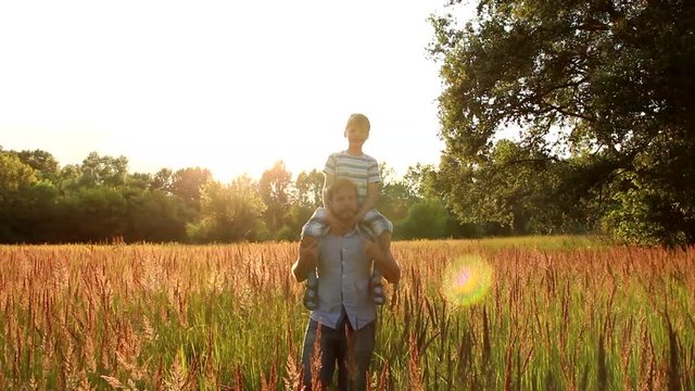 Little son sits on shoulders of daddy while walking in beautifull landscape. Family having fun outside in meadow in sunset sunlight. Real time full hd video footage.