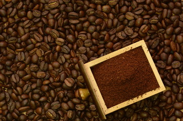 Coffee-grinder box with ground coffee over coffee-beans