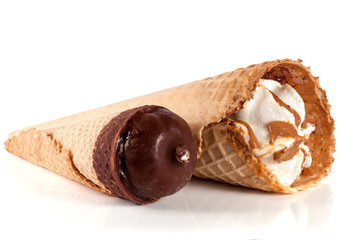 two cones of ice creams with chocolate isolated white background