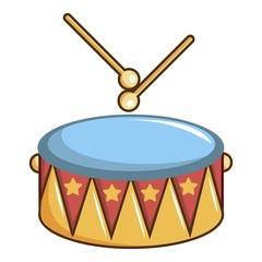 Colorful drum and drumsticks icon, cartoon style