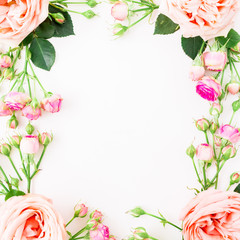 Pattern of pastel roses isolated on white background. Flat lay, top view. Floral frame