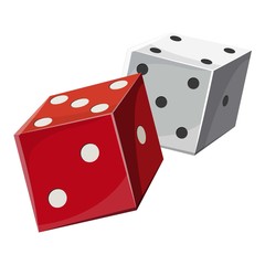Red and white dice cubes icon, cartoon style