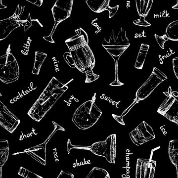 Cocktails - white and black seamless pattern with hand-drawn drinks and text