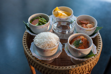 Food and cooked rice and desserts in ceramic bowl, The merit of Buddhist ceremony