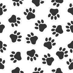 Fototapeta na wymiar Paws print seampless pattern. Simple monochrome pets footprints. Stamp for apparel, t-shirt, textile. Vector illustration