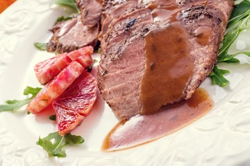 Pink fried duck breast