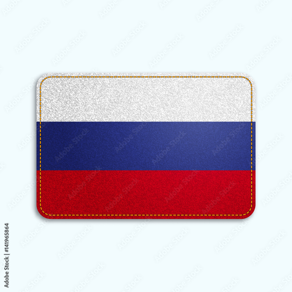 Sticker national flag of russia with denim texture and orange seam. realistic image of a tissue made in vect