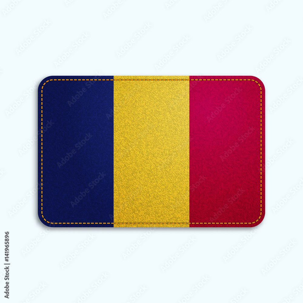 Poster national flag of romania with denim texture and orange seam. realistic image of a tissue made in vec