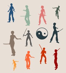 Kung Fu martial art silhouettes of woman in sword fight pose. Woman posing.