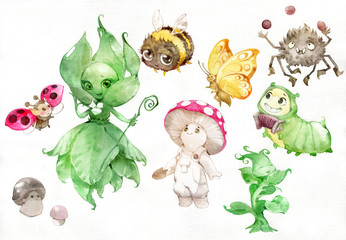 Watercolor illustration of funny cartoon garden fantasy characters, fairies, mushrooms, insects