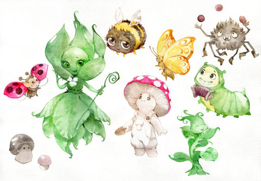 Watercolor Illustration Of Funny Cartoon Garden Fantasy Characters, Fairies, Mushrooms, Insects