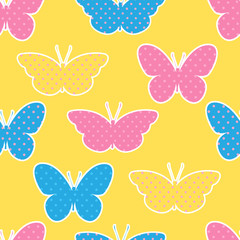 Seamless pattern with colorful butterflies silhouettes on yellow