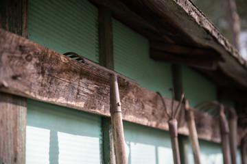 garden tools hanging on wooden board