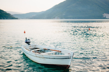 Wooden boats on the water. In the Bay of Kotor in Montenegro. Marine boats.