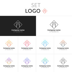 Letter M logo. Set double icon M with colorful gradient. Vector sign on black and white color background. Creative vision concept logo, elements, symbol for card, brand, banners.