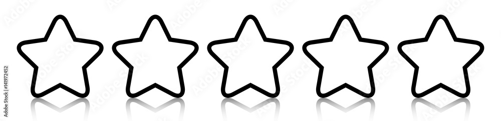 Poster black-and-white five star line icon rating with reflection isolated on white background. vector illu