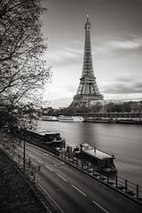 The Eiffel Tower and banks of the Seine River in Black & White. Paris, France