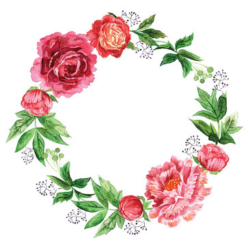 Watercolor floral wreath with peonies, isolated on white background. Floral circle frame