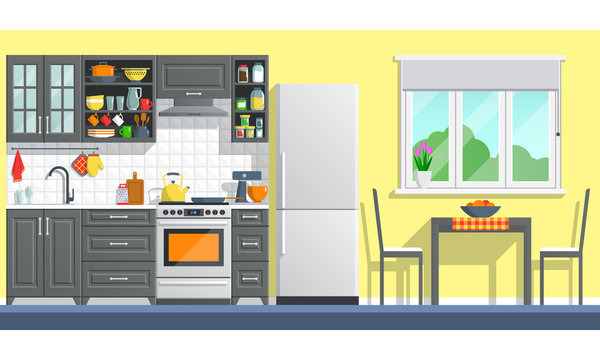 Kitchen interior with table, stove, cupboard, dishes and fridge. flat home art vector illustration. indoor, kitchen appliances furniture, banner cooking cartoon style. culinary decorations room.