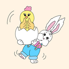 Easter bunny holding a chick