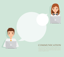 business man and business woman communication with laptop. business people character team work in job.